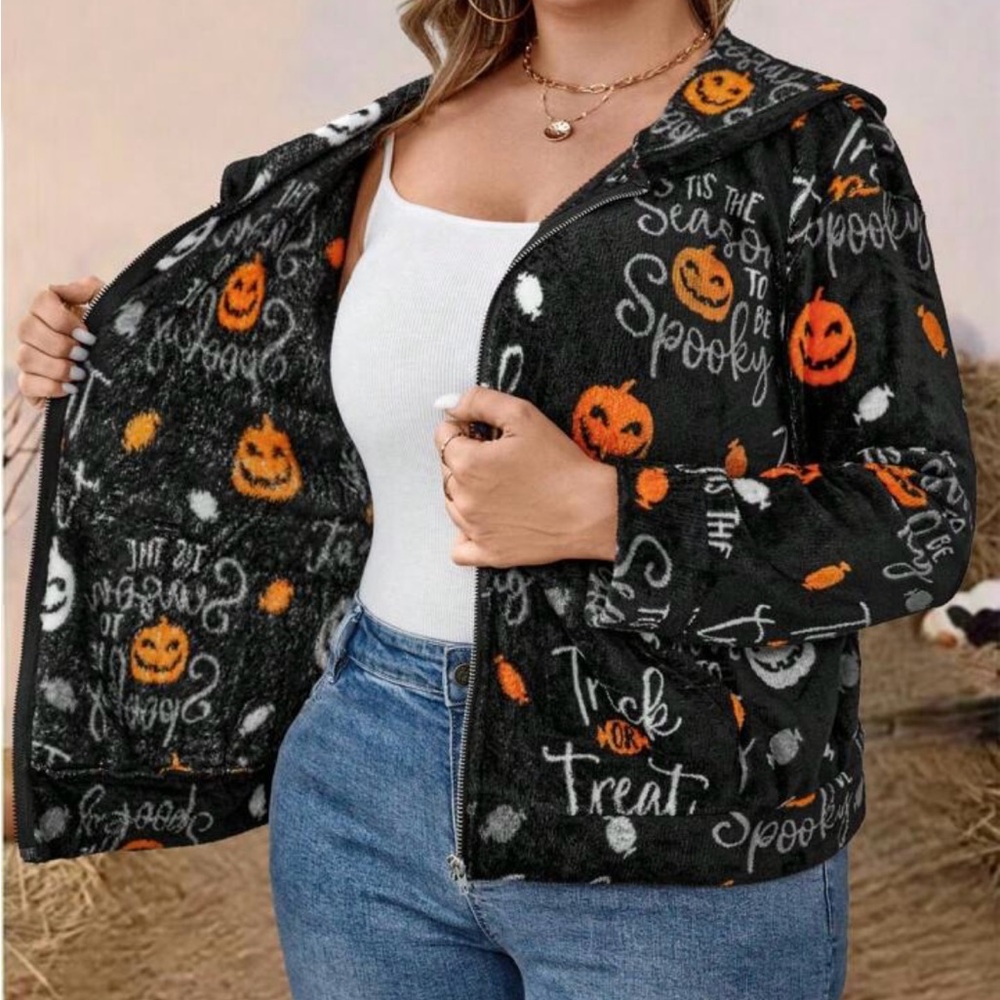 Plus Size Front Zip Pocket Halloween Print Hooded Jacket - Picture 2 of 3